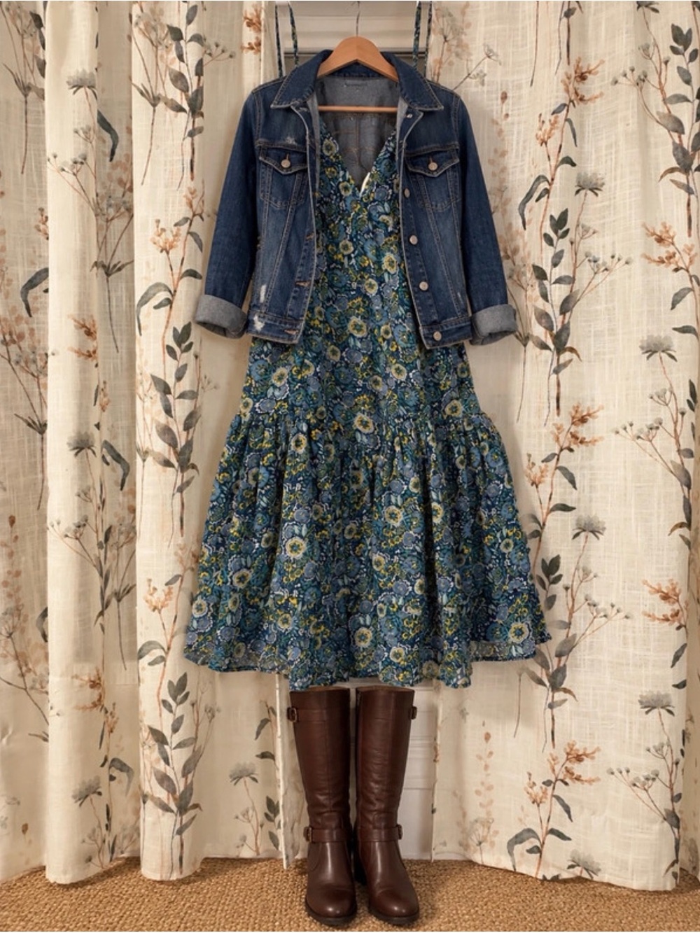 Japna Blue Floral Tiered Mini Dress S Boho Fall Style